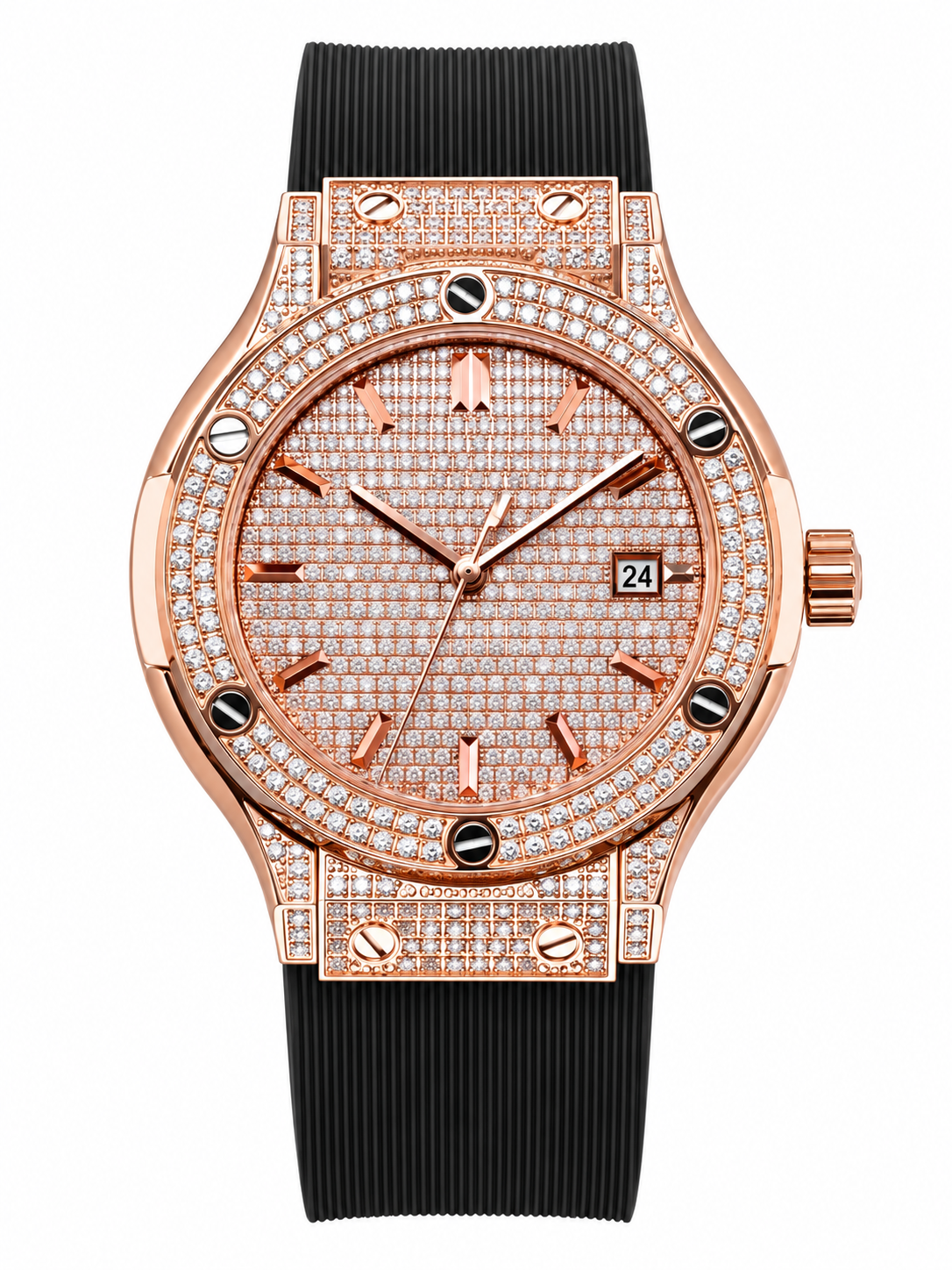 Rose-gold-tone stone-set watch with a black strap — edited unbranded illustration